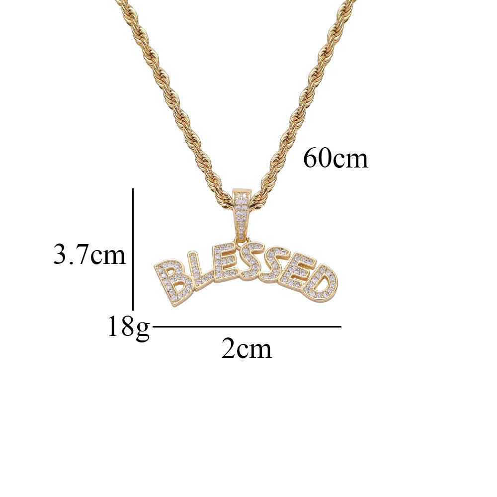 Hip Hop Rap Good Luck BLESSED Holy Pendant Iced Out Letter Necklace