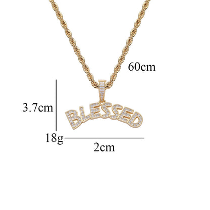 Hip Hop Rap Good Luck BLESSED Holy Pendant Iced Out Letter Necklace
