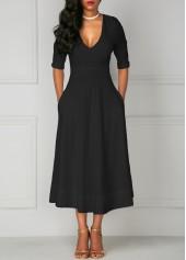Black V Neck Pocket Design Half Sleeve Dress - smalldogsRus