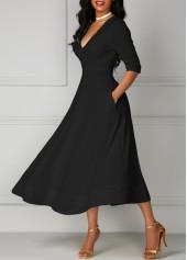 Black V Neck Pocket Design Half Sleeve Dress - smalldogsRus