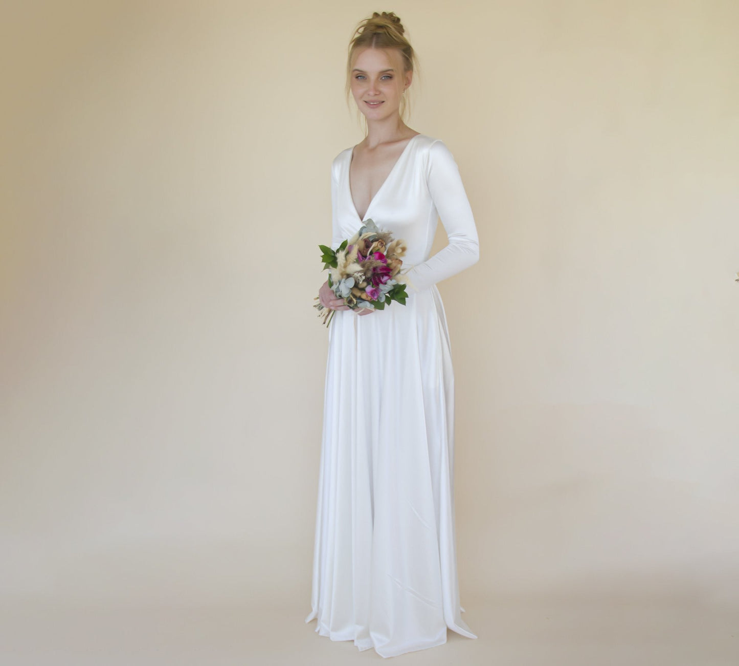 Bestseller Minimalist Wedding Dress, Ivory Wrap Modern Wedding Dress #1347