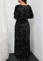 Black Front Slit Long Sleeve Belted Sequin Dress - smalldogsRus