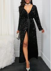 Black Front Slit Long Sleeve Belted Sequin Dress - smalldogsRus