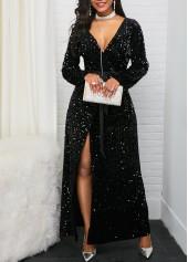 Black Front Slit Long Sleeve Belted Sequin Dress - smalldogsRus
