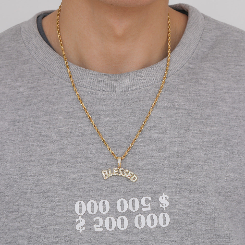 Hip Hop Rap Good Luck BLESSED Holy Pendant Iced Out Letter Necklace