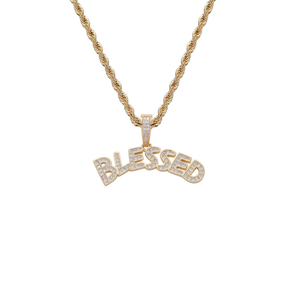 Hip Hop Rap Good Luck BLESSED Holy Pendant Iced Out Letter Necklace