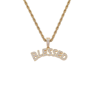 Hip Hop Rap Good Luck BLESSED Holy Pendant Iced Out Letter Necklace