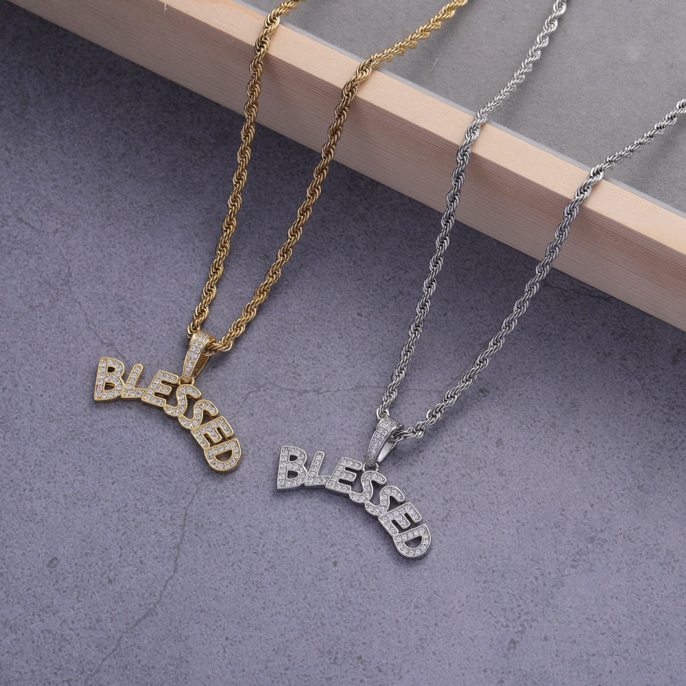 Hip Hop Rap Good Luck BLESSED Holy Pendant Iced Out Letter Necklace