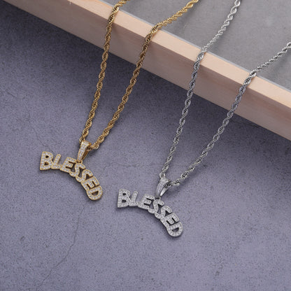 Hip Hop Rap Good Luck BLESSED Holy Pendant Iced Out Letter Necklace