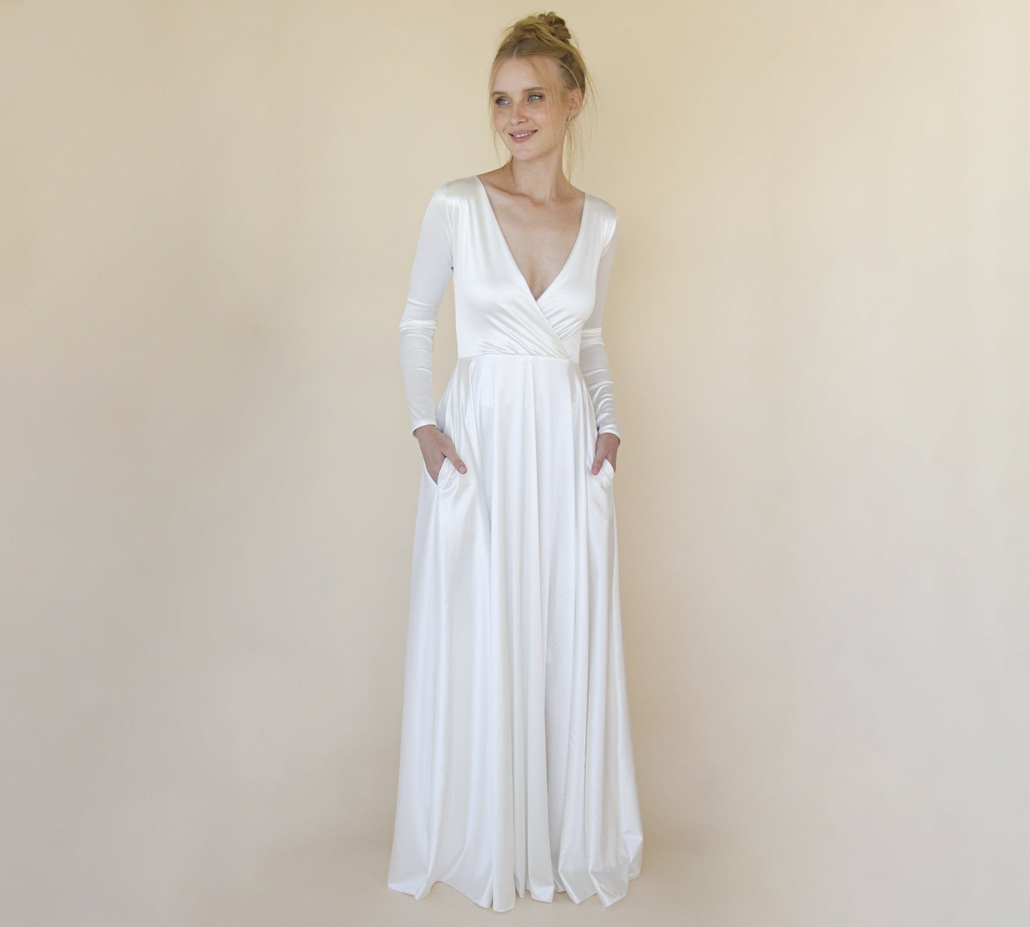Bestseller Minimalist Wedding Dress, Ivory Wrap Modern Wedding Dress #1347