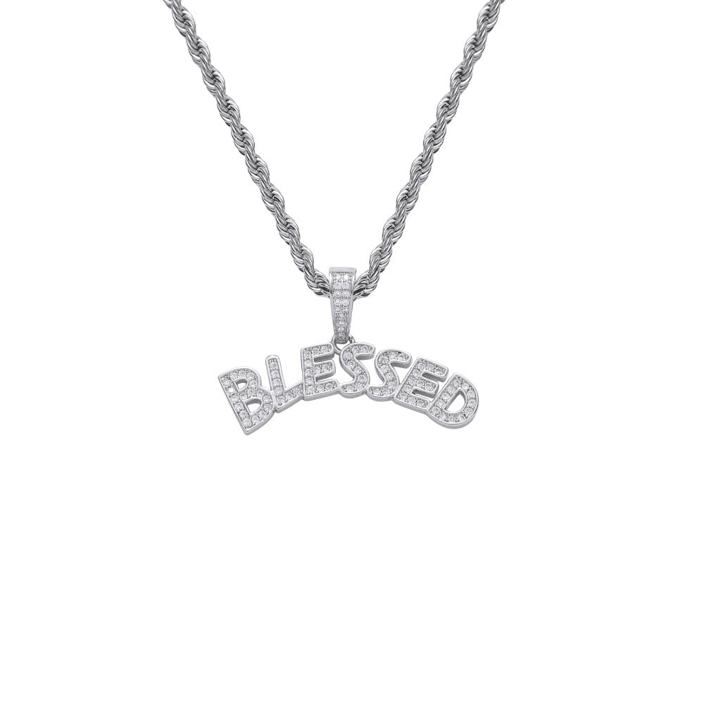 Hip Hop Rap Good Luck BLESSED Holy Pendant Iced Out Letter Necklace