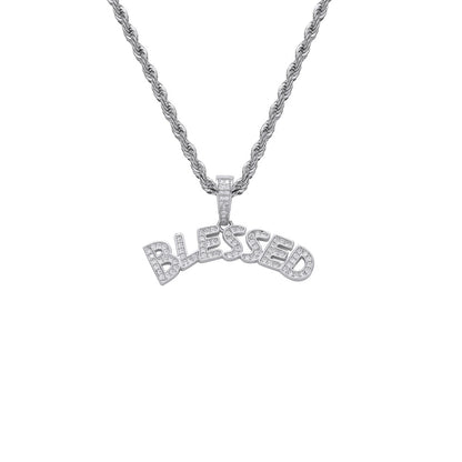 Hip Hop Rap Good Luck BLESSED Holy Pendant Iced Out Letter Necklace