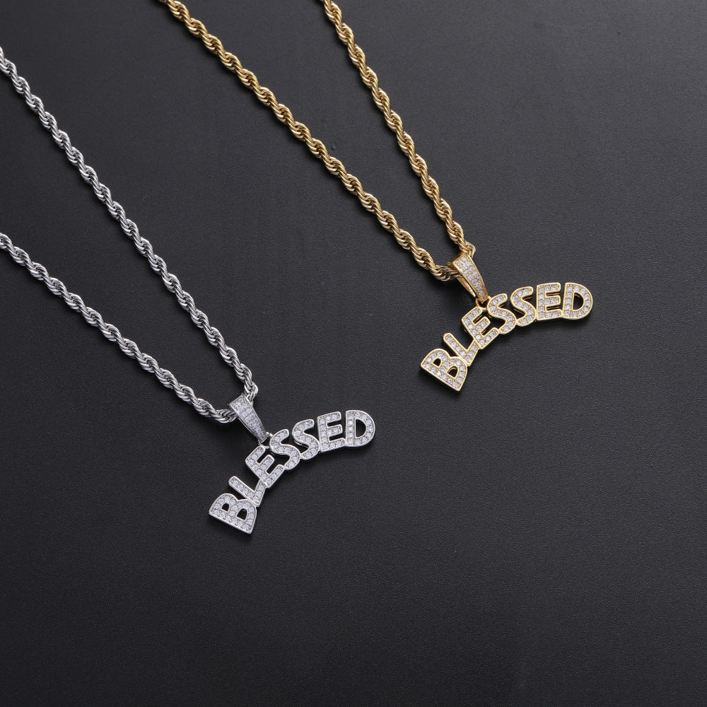Hip Hop Rap Good Luck BLESSED Holy Pendant Iced Out Letter Necklace
