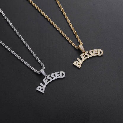 Hip Hop Rap Good Luck BLESSED Holy Pendant Iced Out Letter Necklace