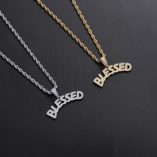 Hip Hop Rap Good Luck BLESSED Holy Pendant Iced Out Letter Necklace